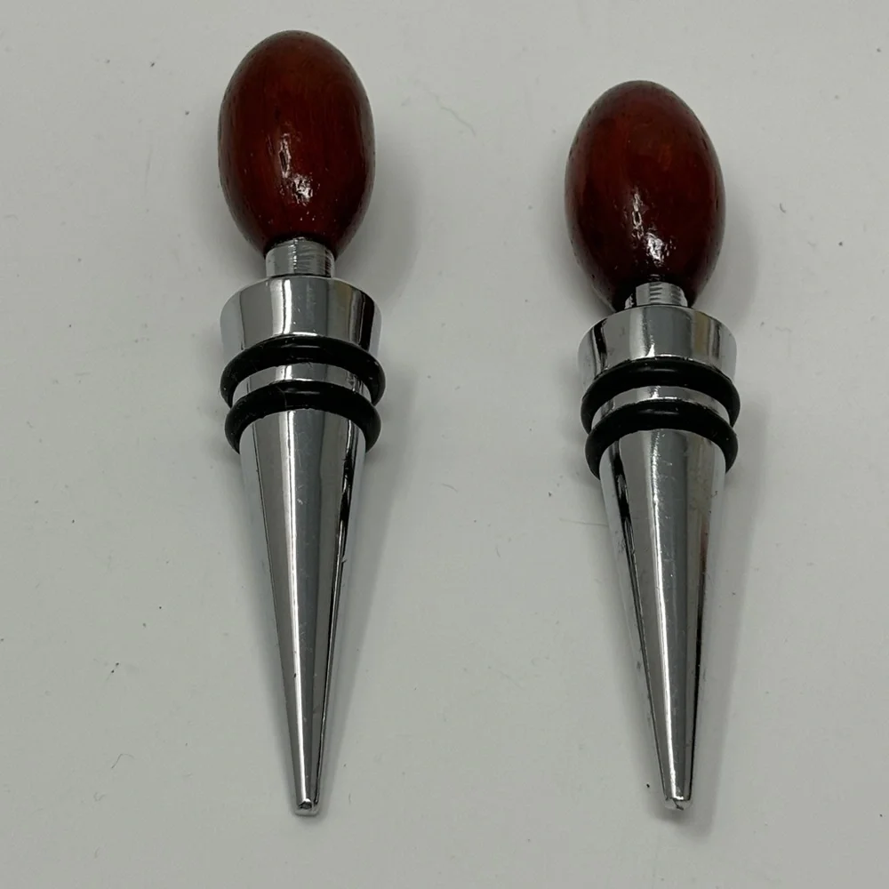 Set of Two Wine Bottle Stoppers Oval Olive Shaped Wood Finials Silver Tone